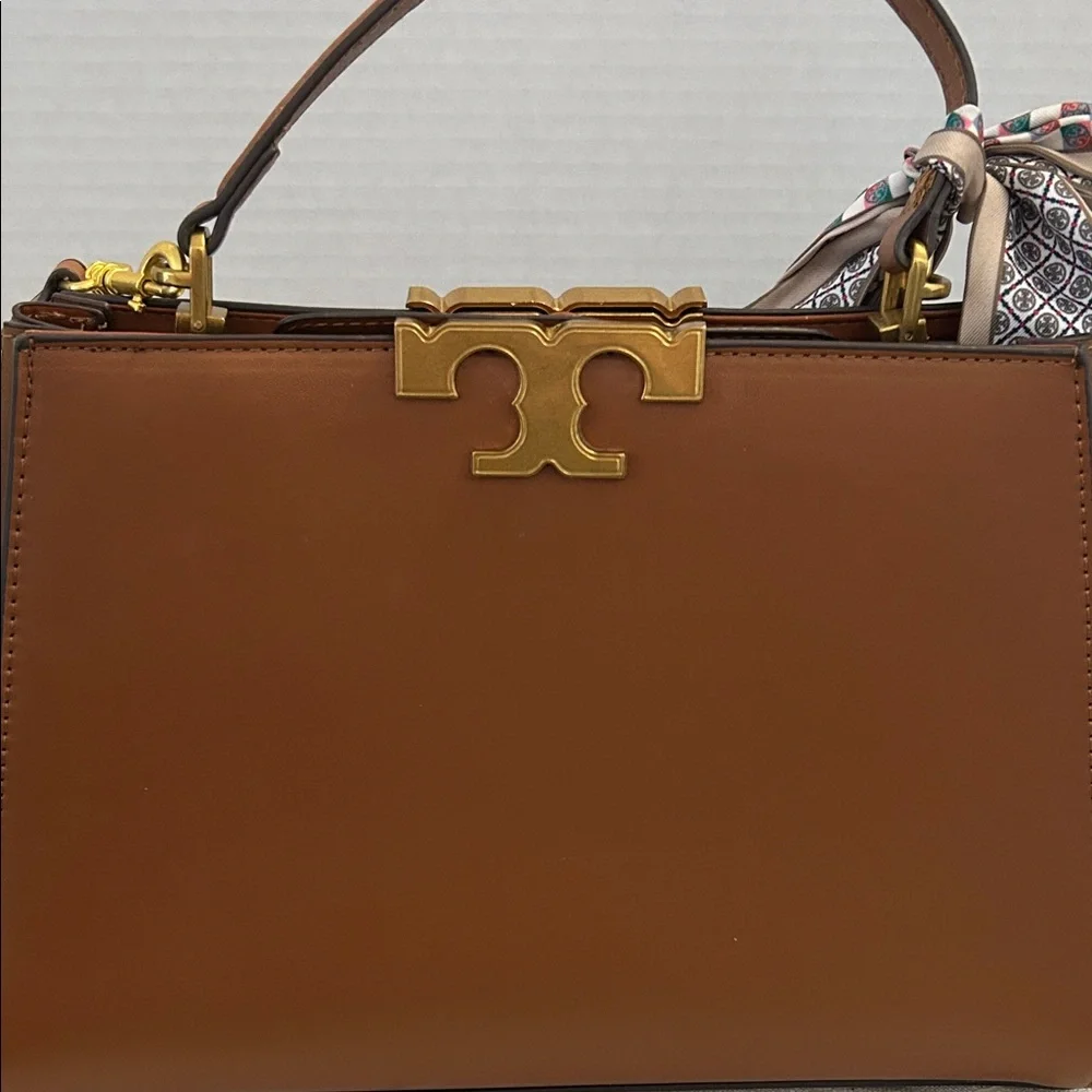 Tory Burch $700 Tan Eleanor Spazoletto Satchel with Gold Logo and Ribbon